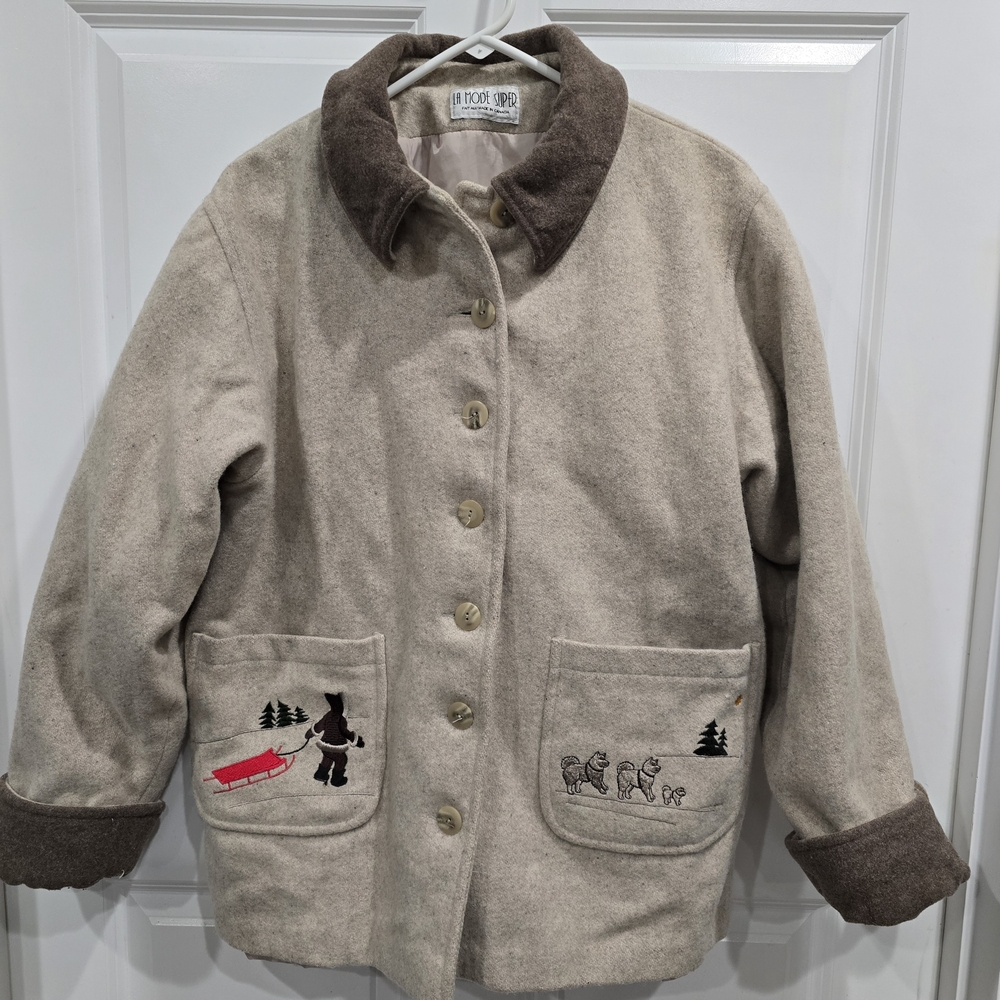 Vintage La Mode Super Wool Coat Sz L Tan Embroidery Sled Dogs Made In Canada